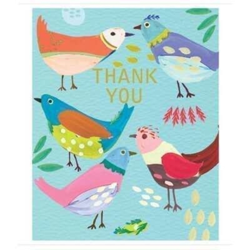 Vibrant Thank you with vibrant birds card by Liz and Pip. Card decorated with  colourful birds. Blank inside for your own message. 120x150mm